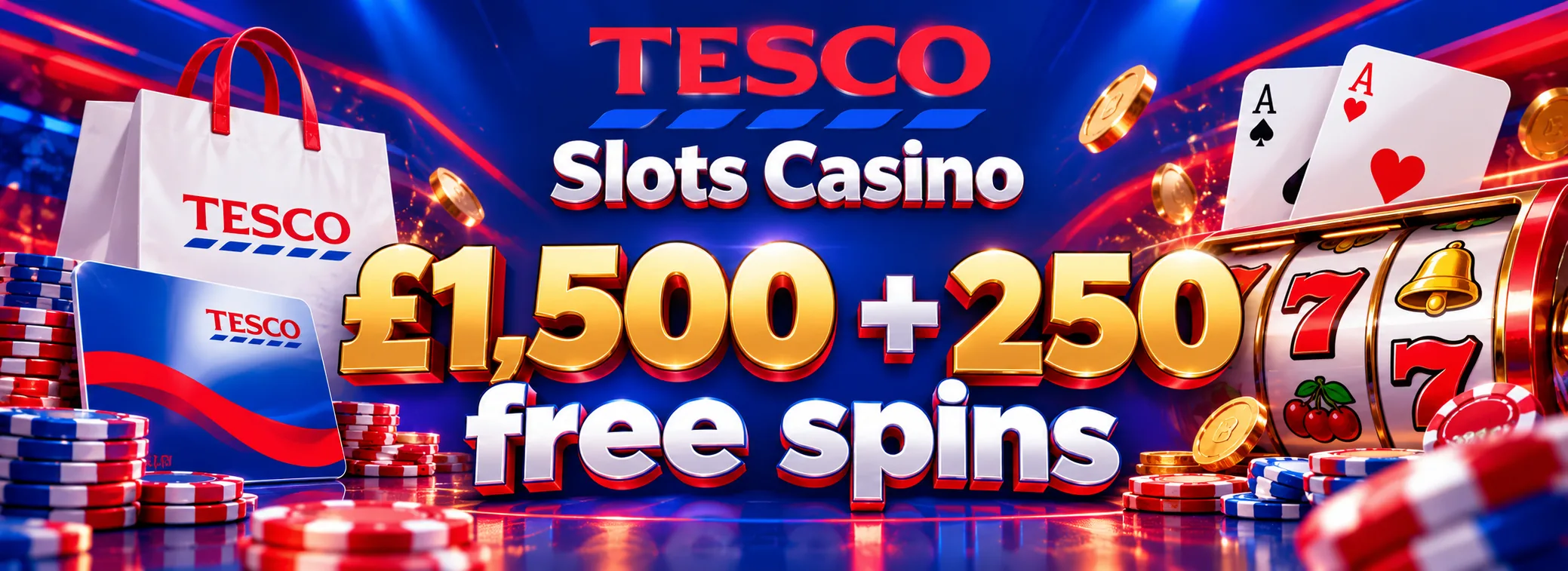 Tesco Slots Casino promotions panel showing the £1,500 match and 250 spins