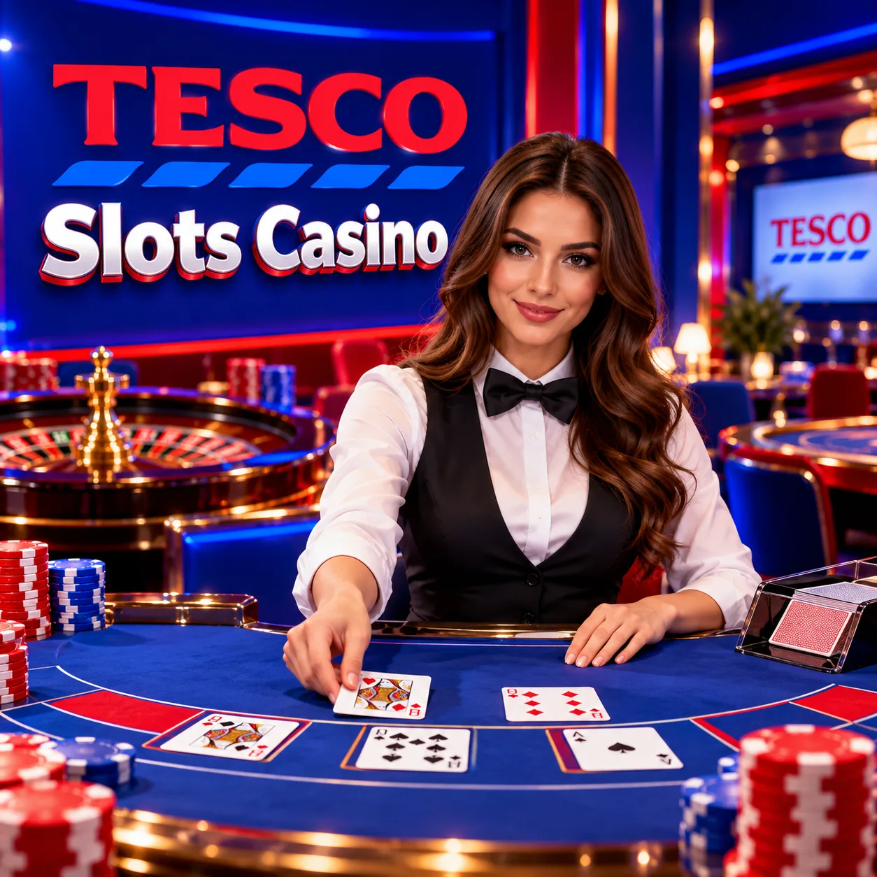Live dealer table streamed into the Tesco Slots Casino dark lobby